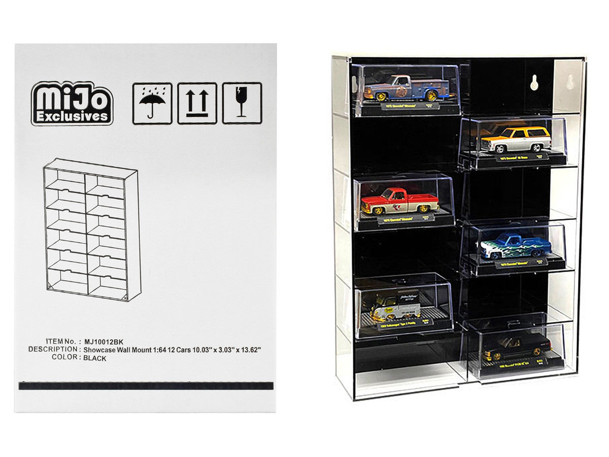 Showcase 12 Car Display Case Wall Mount with Black Back Panel and Extra Space "Mijo Exclusives" for 1/64 Scale Models by Other