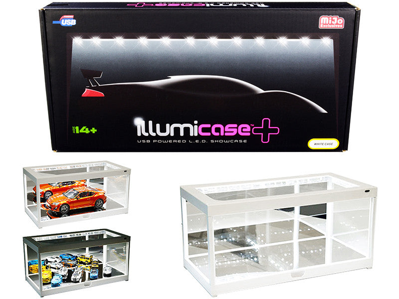 White Collectible Display Show Case Illumicase+ with LED Lights and Mirror Base and Back for 1/64 1/43 1/32 1/24 1/18 Scale Models by Illumibox by Illumibox