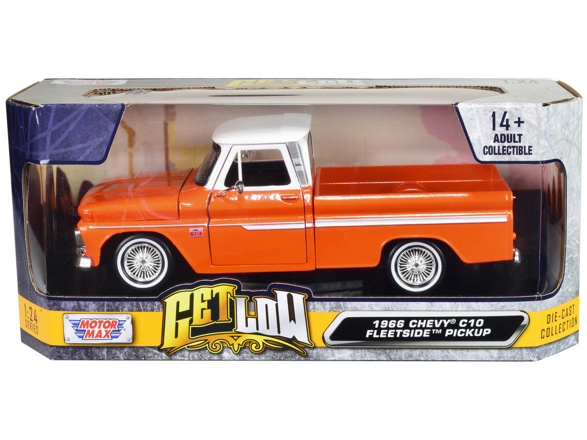 1966 Chevrolet C10 Fleetside Pickup Truck Lowrider Orange Metallic with White Top "Get Low" Series 1/24 Diecast Model Car by Motormax by Motormax