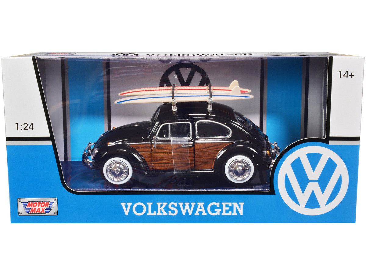 1966 Volkswagen Beetle Black with Wood Panels and Two Surfboards on Roof Rack 1/24 Diecast Model Car by Motormax by Motormax