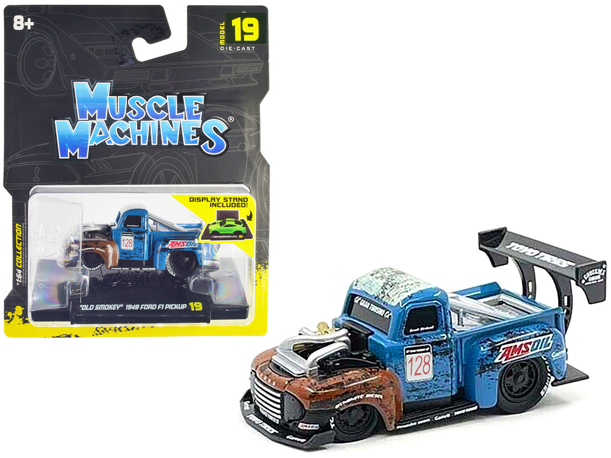 1949 Ford F1 Pickup Truck #128 "Old Smokey" Blue and Brown (Weathered) 1/64 Diecast Model Car by Muscle Machines by Muscle Machines