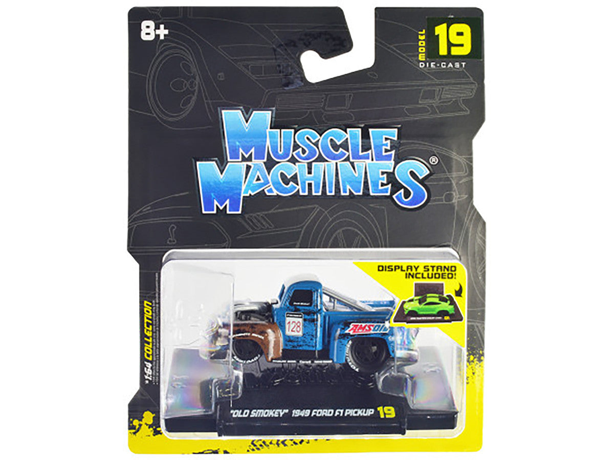 1949 Ford F1 Pickup Truck #128 "Old Smokey" Blue and Brown (Weathered) 1/64 Diecast Model Car by Muscle Machines by Muscle Machines