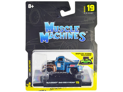 1949 Ford F1 Pickup Truck #128 "Old Smokey" Blue and Brown (Weathered) 1/64 Diecast Model Car by Muscle Machines by Muscle Machines