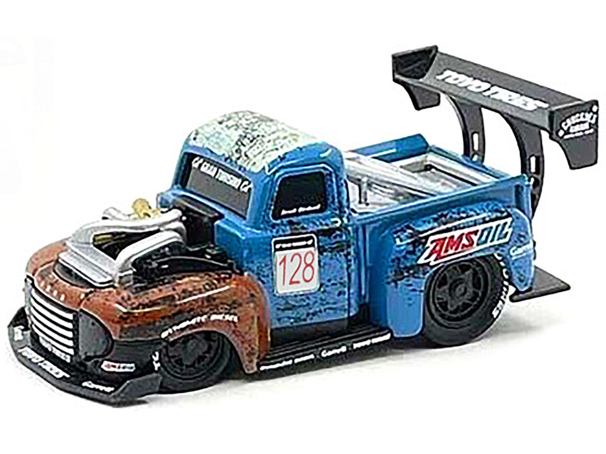 1949 Ford F1 Pickup Truck #128 "Old Smokey" Blue and Brown (Weathered) 1/64 Diecast Model Car by Muscle Machines by Muscle Machines