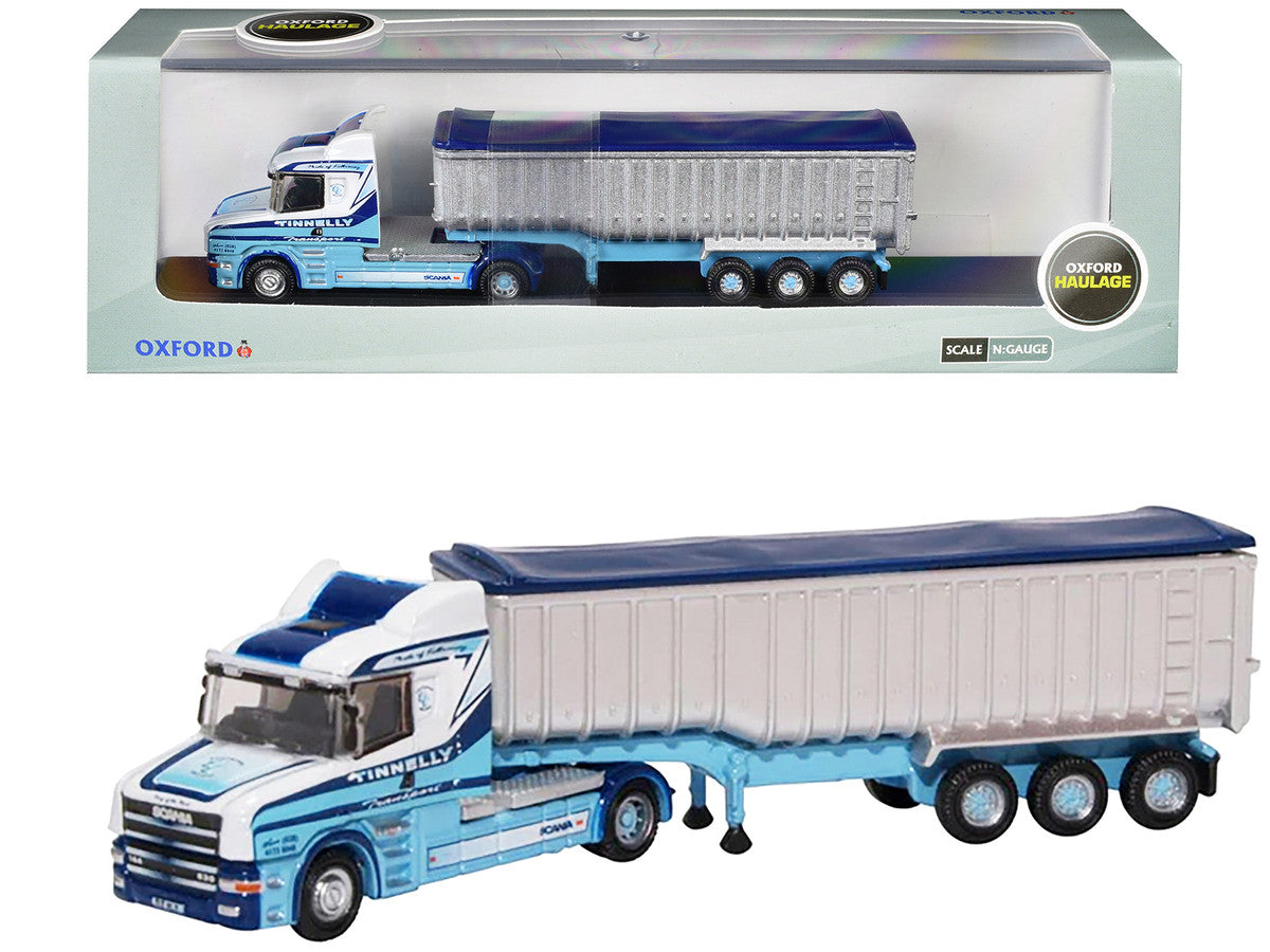 Scania T-Cab Truck RHD (Right Hand Drive) with Covered Dump Trailer "Tinnelly" White with Blue Graphics 1/148 (N) Scale Diecast Model Car by Oxford Diecast by Oxford Diecast
