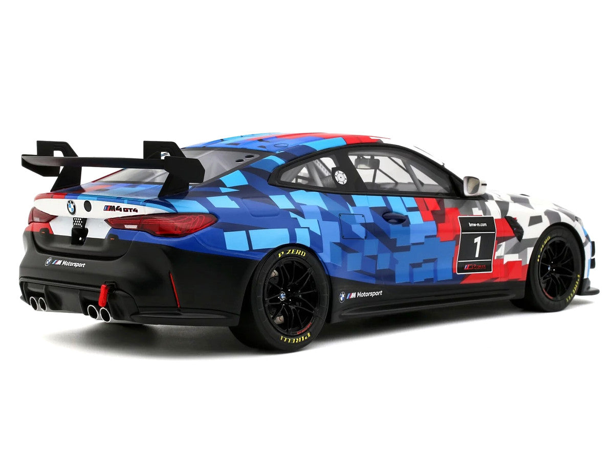 2024 BMW M4 GT4 #1 "M Motorsport Livery" Black and White with Red and Blue Graphics Limited Edition to 999 pieces Worldwide 1/18 Model Car by Otto Mobile by Otto Mobile