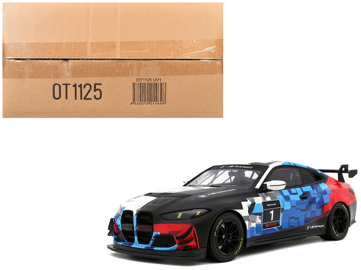 2024 BMW M4 GT4 #1 "M Motorsport Livery" Black and White with Red and Blue Graphics Limited Edition to 999 pieces Worldwide 1/18 Model Car by Otto Mobile by Otto Mobile