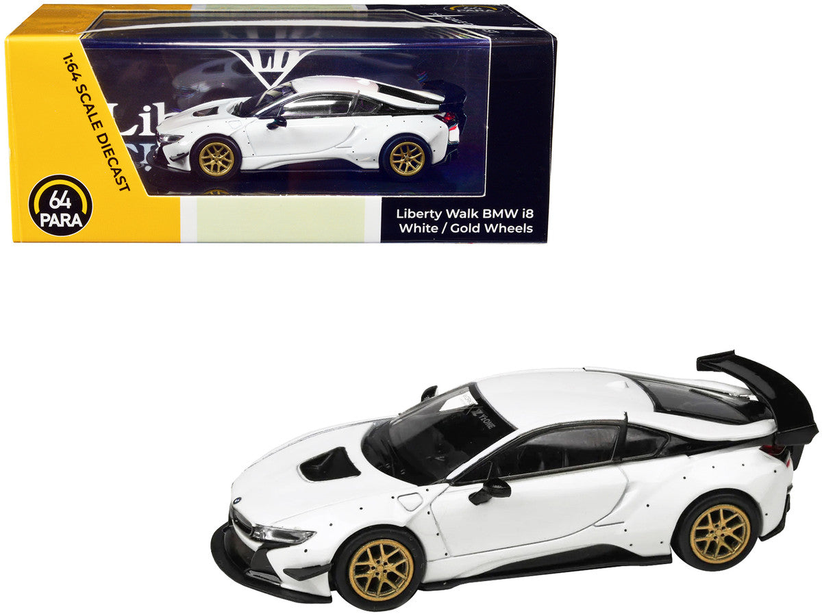 BMW i8 Liberty Walk White with Gold Wheels 1/64 Diecast Model Car by Paragon Models by Paragon