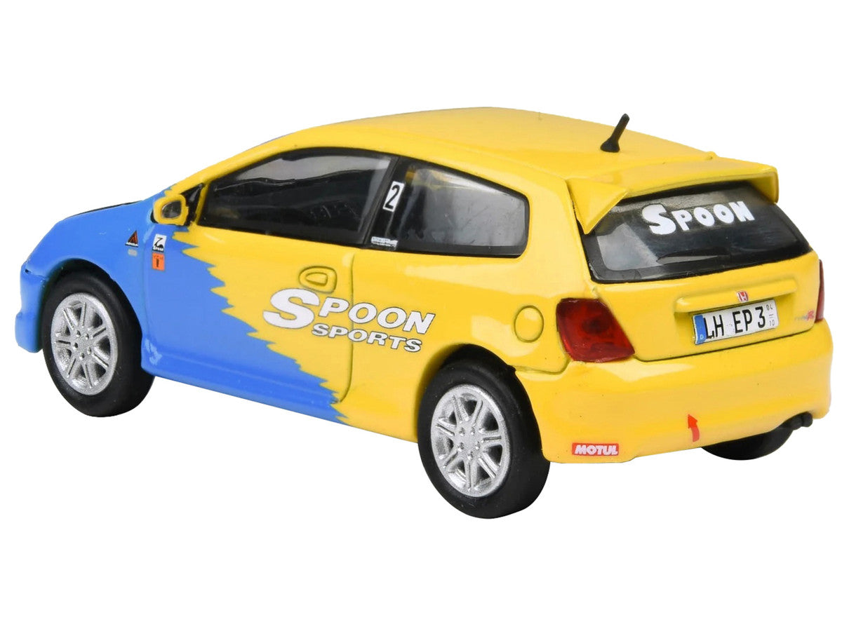 2001 Honda Civic Type R EP3 Blue and Yellow with Black Hood "Spoon Sports" 1/64 Diecast Model Car by Paragon Models by Paragon