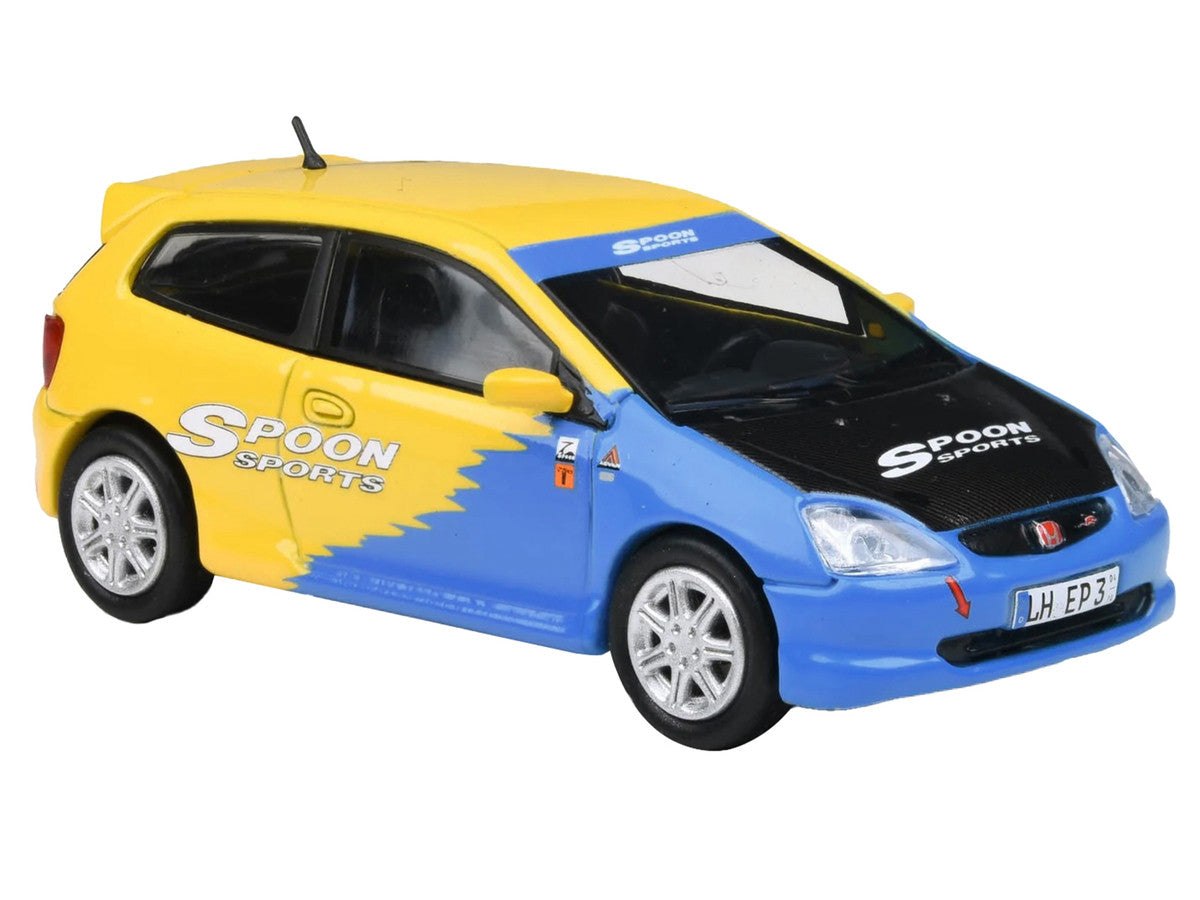 2001 Honda Civic Type R EP3 Blue and Yellow with Black Hood "Spoon Sports" 1/64 Diecast Model Car by Paragon Models by Paragon