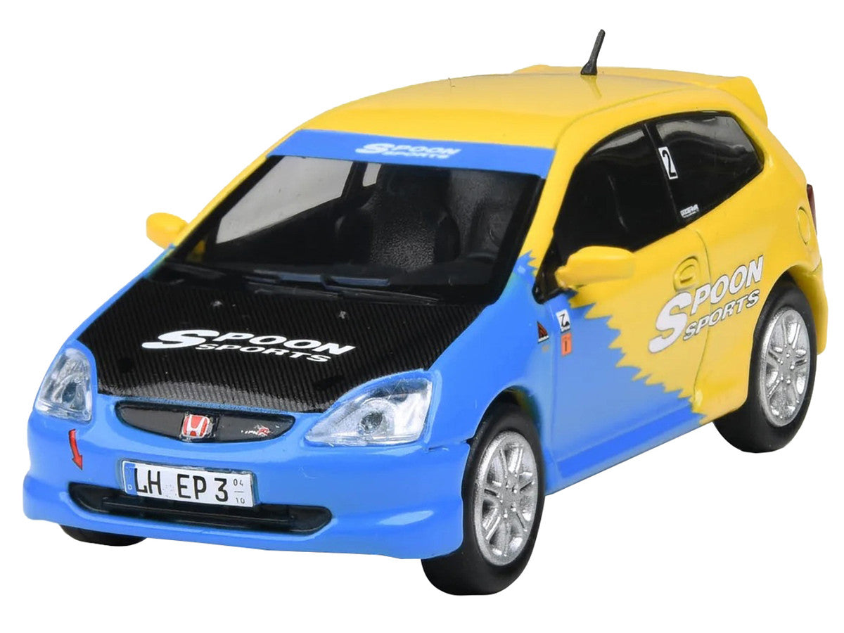 2001 Honda Civic Type R EP3 Blue and Yellow with Black Hood "Spoon Sports" 1/64 Diecast Model Car by Paragon Models by Paragon