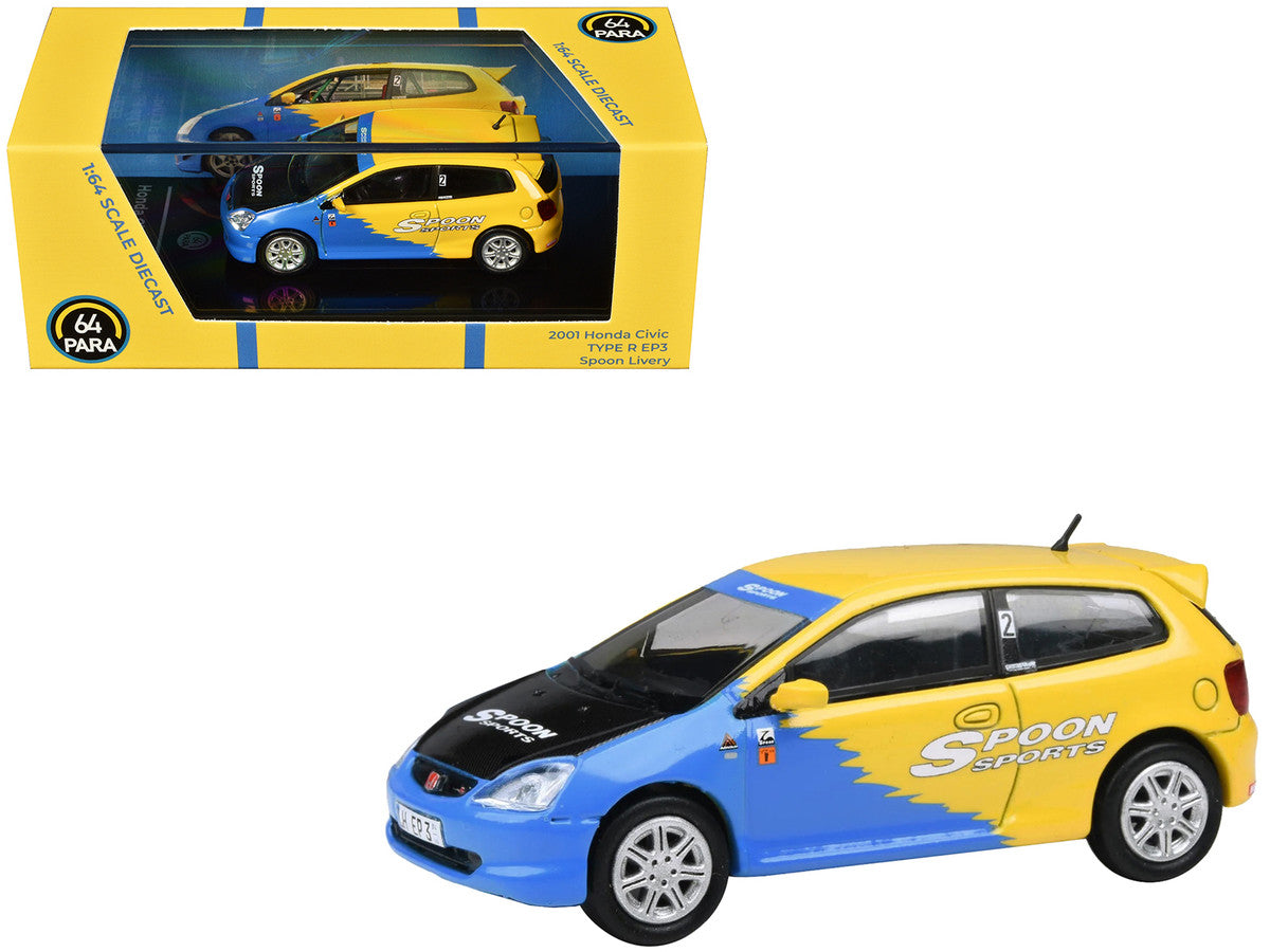 2001 Honda Civic Type R EP3 Blue and Yellow with Black Hood "Spoon Sports" 1/64 Diecast Model Car by Paragon Models by Paragon