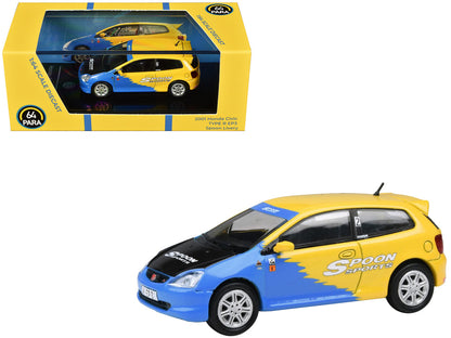 2001 Honda Civic Type R EP3 Blue and Yellow with Black Hood "Spoon Sports" 1/64 Diecast Model Car by Paragon Models by Paragon