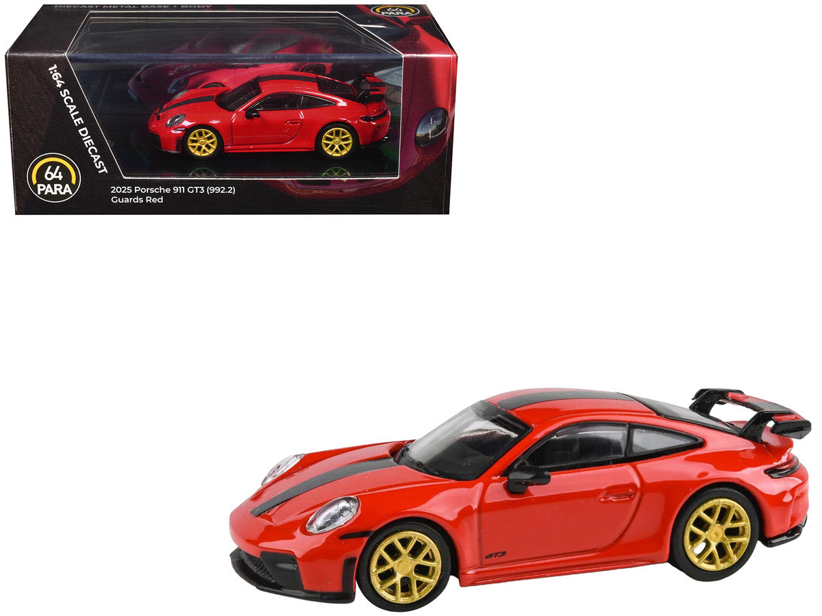 2025 Porsche 911 GT3 (992.2) Guards Red with Carbon Stripe and Gold Wheels 1/64 Diecast Model Car by Paragon Models by Paragon