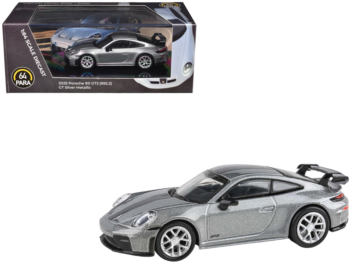 2025 Porsche 911 GT3 (992.2) GT Silver Metallic with Carbon Stripe 1/64 Diecast Model Car by Paragon Models by Paragon