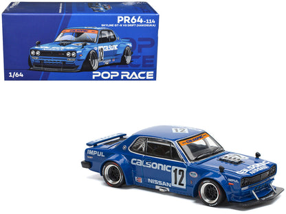 Skyline GT-R V8 Drift "Hakosuka" RHD (Right Hand Drive) #12 "Calsonic" Blue with Graphics 1/64 Diecast Model Car by Pop Race by Pop Race