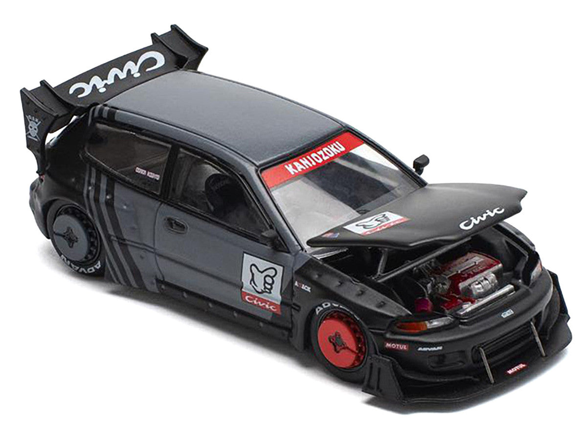 Pandem Civic EG6 RHD (Right Hand Drive) "Kanjozoku" Matt Black and Gray with Graphics 1/64 Diecast Model Car by Pop Race by Pop Race