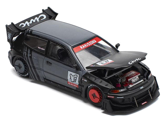 Pandem Civic EG6 RHD (Right Hand Drive) "Kanjozoku" Matt Black and Gray with Graphics 1/64 Diecast Model Car by Pop Race by Pop Race