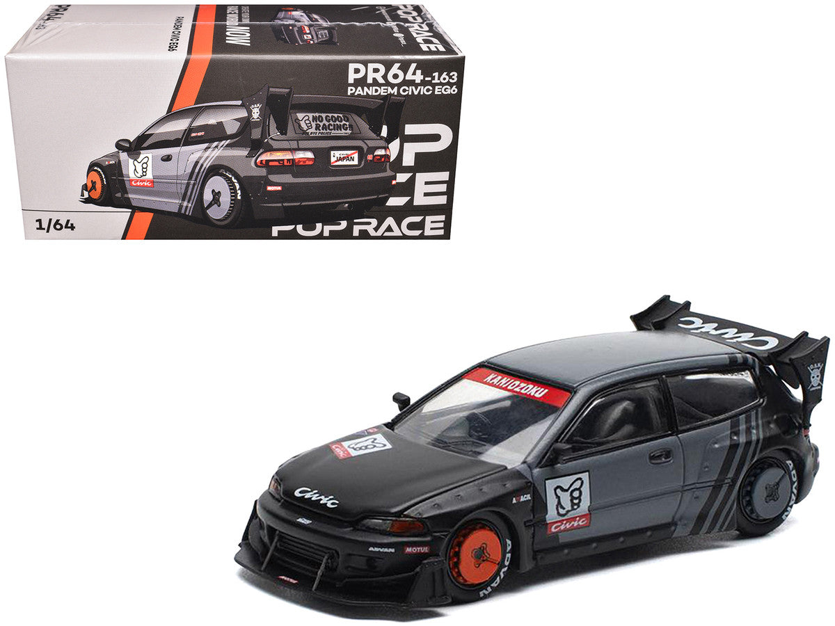Pandem Civic EG6 RHD (Right Hand Drive) "Kanjozoku" Matt Black and Gray with Graphics 1/64 Diecast Model Car by Pop Race by Pop Race