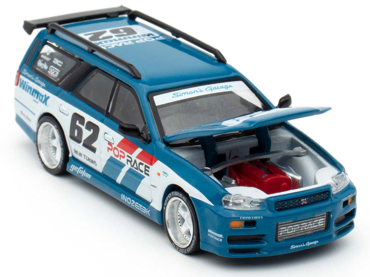Nissan Stagea RHD (Right Hand Drive) #62 "Simon's Garage" Blue with White Sides 1/64 Diecast Model Car by Pop Race by Pop Race