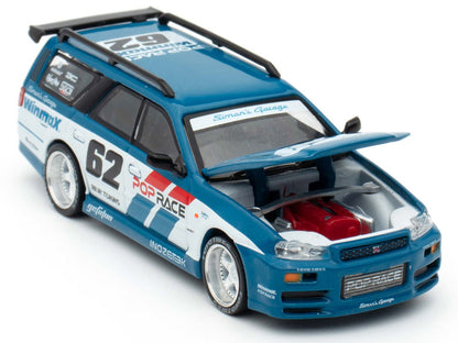 Nissan Stagea RHD (Right Hand Drive) #62 "Simon's Garage" Blue with White Sides 1/64 Diecast Model Car by Pop Race by Pop Race