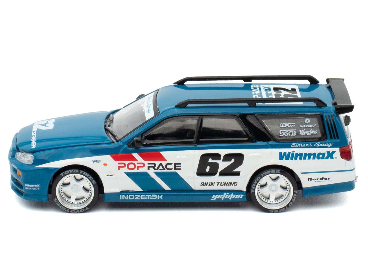 Nissan Stagea RHD (Right Hand Drive) #62 "Simon's Garage" Blue with White Sides 1/64 Diecast Model Car by Pop Race by Pop Race