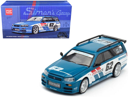 Nissan Stagea RHD (Right Hand Drive) #62 "Simon's Garage" Blue with White Sides 1/64 Diecast Model Car by Pop Race by Pop Race