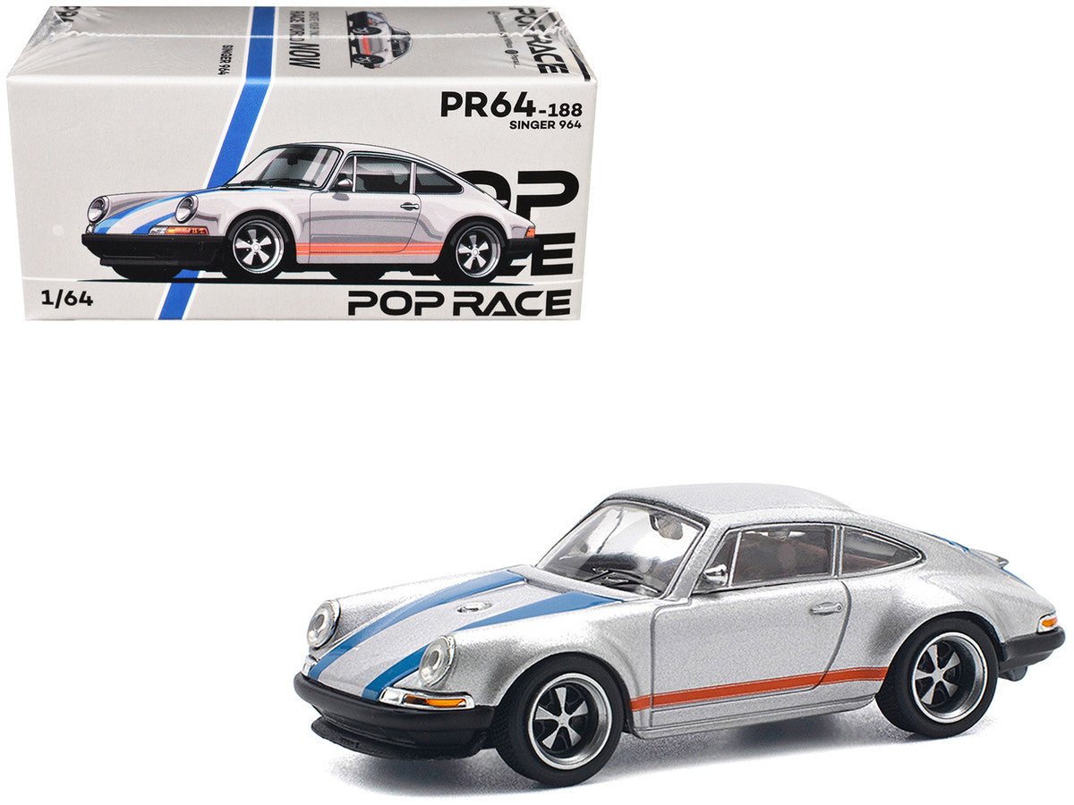 Singer 964 Silver Metallic with Blue and Red Stripes 1/64 Diecast Model Car by Pop Race by Pop Race