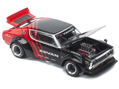 Skyline KPGC110 "Kenmeri" RHD (Right Hand Drive) "ADVAN" Black and Red 1/64 Diecast Model Car by Pop Race by Pop Race