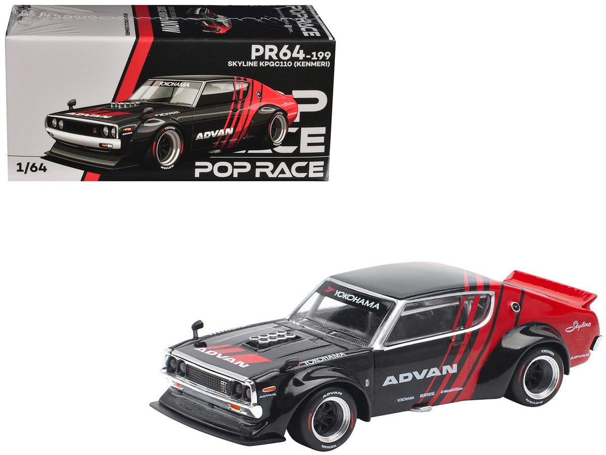 Skyline KPGC110 "Kenmeri" RHD (Right Hand Drive) "ADVAN" Black and Red 1/64 Diecast Model Car by Pop Race by Pop Race