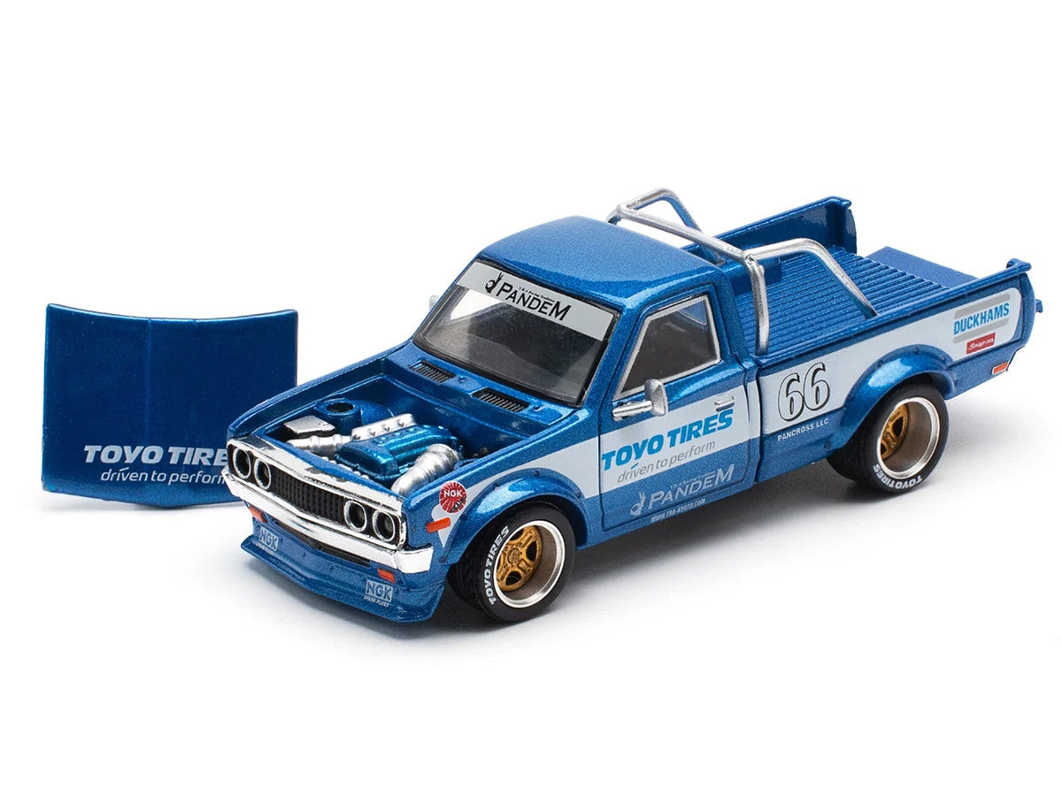Datsun Pandem 620 Pickup Truck #66 Blue Metallic with White Stripes and Graphics 1/64 Diecast Model Car by Pop Race by Pop Race