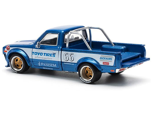 Datsun Pandem 620 Pickup Truck #66 Blue Metallic with White Stripes and Graphics 1/64 Diecast Model Car by Pop Race by Pop Race