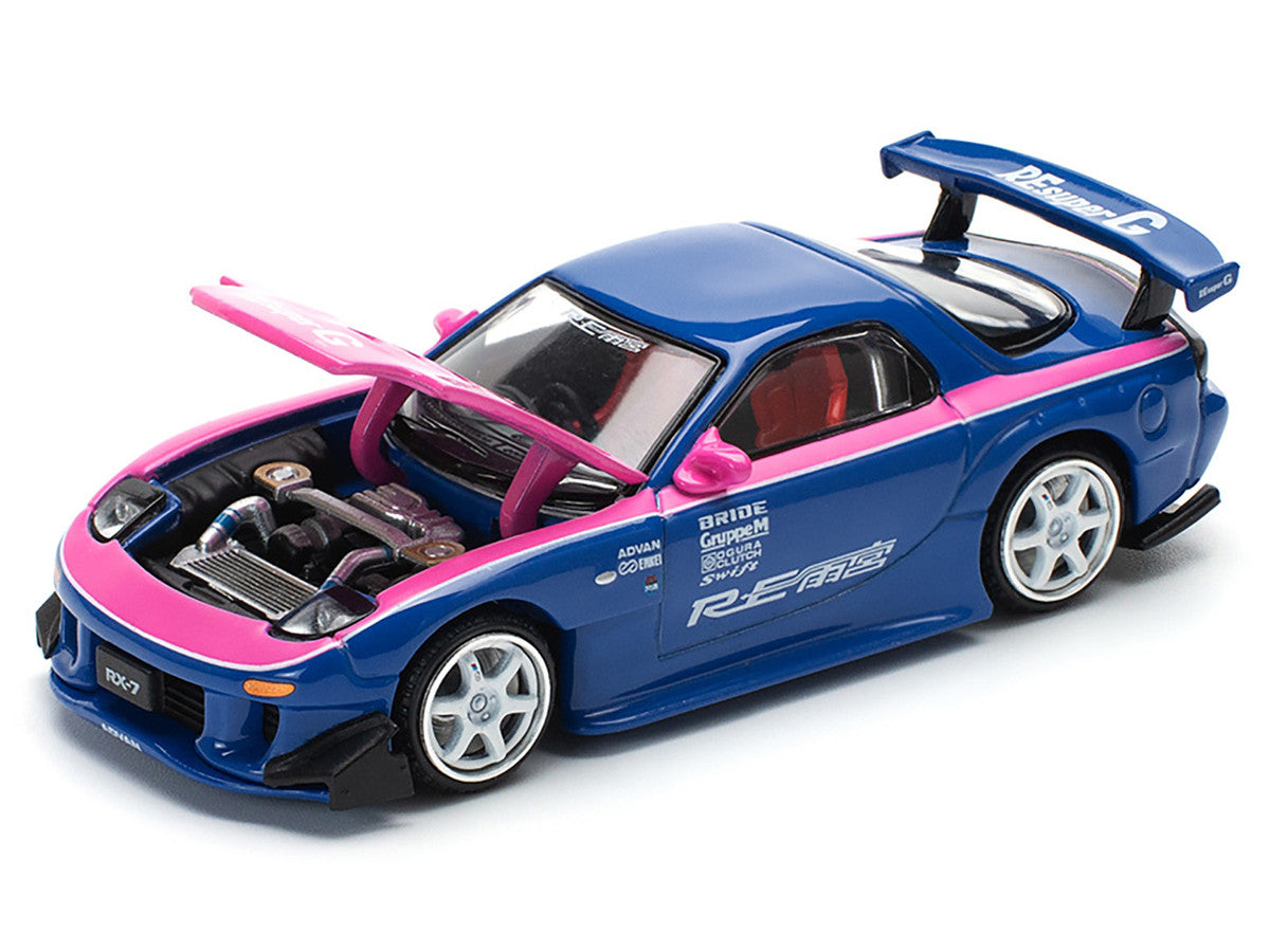 Mazda RX-7 RE-Amemiya Widebody RHD (Right Hand Drive) Blue with Pink Hood and Stripes 1/64 Diecast Model Car by Pop Race by Pop Race