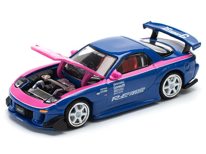 Mazda RX-7 RE-Amemiya Widebody RHD (Right Hand Drive) Blue with Pink Hood and Stripes 1/64 Diecast Model Car by Pop Race by Pop Race