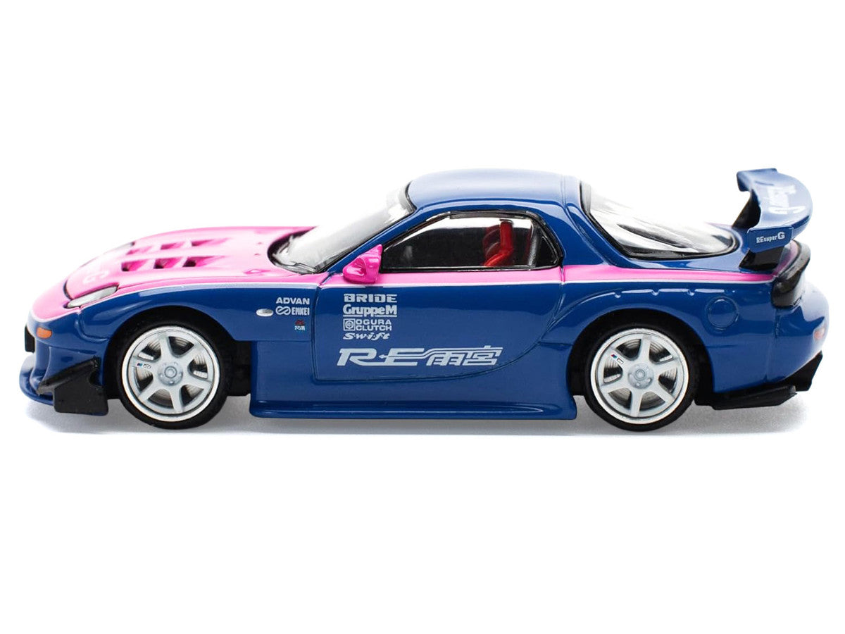 Mazda RX-7 RE-Amemiya Widebody RHD (Right Hand Drive) Blue with Pink Hood and Stripes 1/64 Diecast Model Car by Pop Race by Pop Race