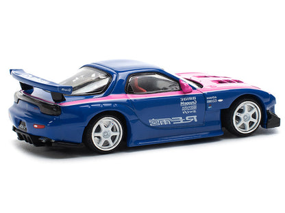 Mazda RX-7 RE-Amemiya Widebody RHD (Right Hand Drive) Blue with Pink Hood and Stripes 1/64 Diecast Model Car by Pop Race by Pop Race