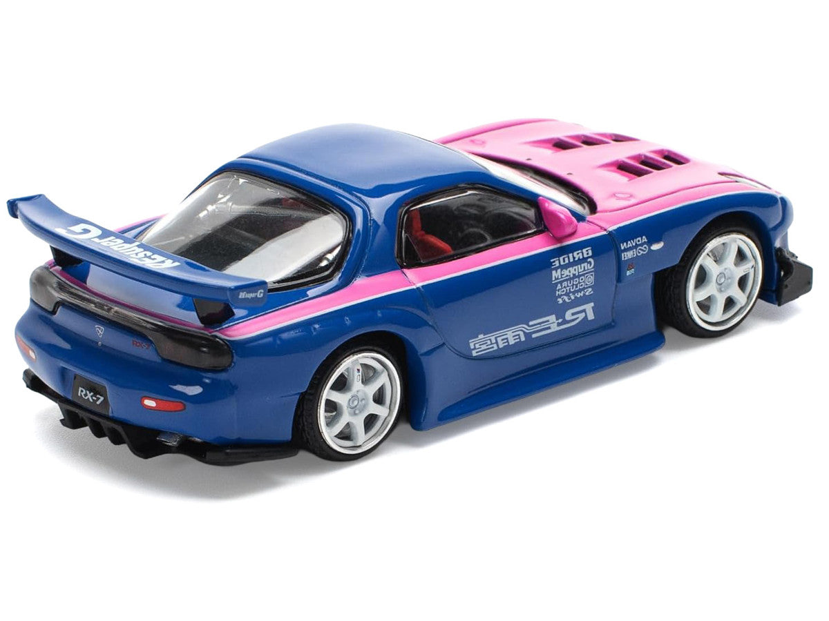 Mazda RX-7 RE-Amemiya Widebody RHD (Right Hand Drive) Blue with Pink Hood and Stripes 1/64 Diecast Model Car by Pop Race by Pop Race