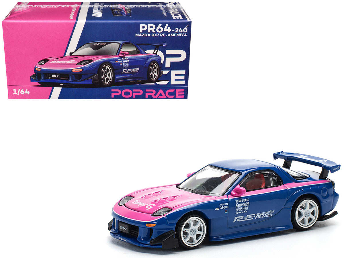 Mazda RX-7 RE-Amemiya Widebody RHD (Right Hand Drive) Blue with Pink Hood and Stripes 1/64 Diecast Model Car by Pop Race by Pop Race