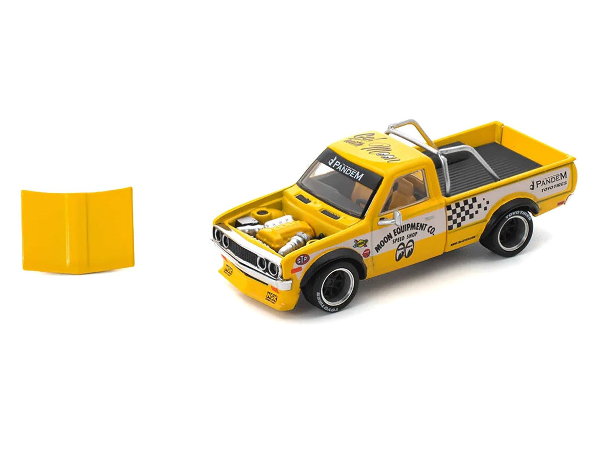 Datsun Pandem 620 Pickup Truck "MoonEyes" Yellow with White Sides and Graphics 1/64 Diecast Model Car by Pop Race by Pop Race