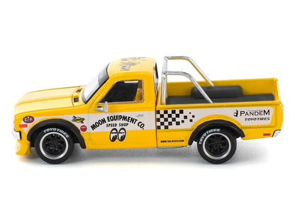 Datsun Pandem 620 Pickup Truck "MoonEyes" Yellow with White Sides and Graphics 1/64 Diecast Model Car by Pop Race by Pop Race