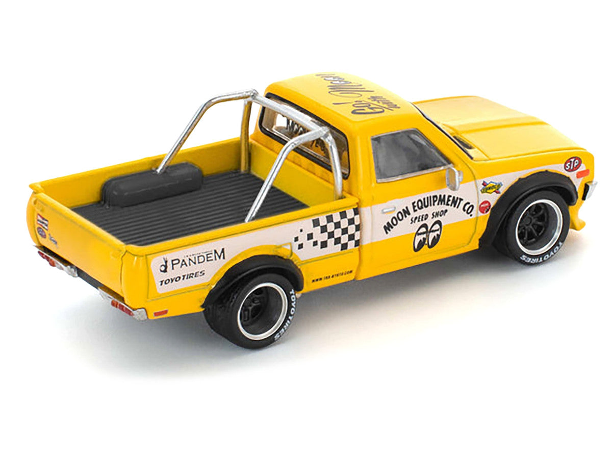 Datsun Pandem 620 Pickup Truck "MoonEyes" Yellow with White Sides and Graphics 1/64 Diecast Model Car by Pop Race by Pop Race