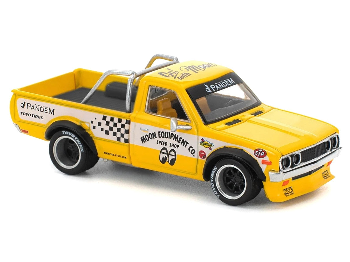 Datsun Pandem 620 Pickup Truck "MoonEyes" Yellow with White Sides and Graphics 1/64 Diecast Model Car by Pop Race by Pop Race