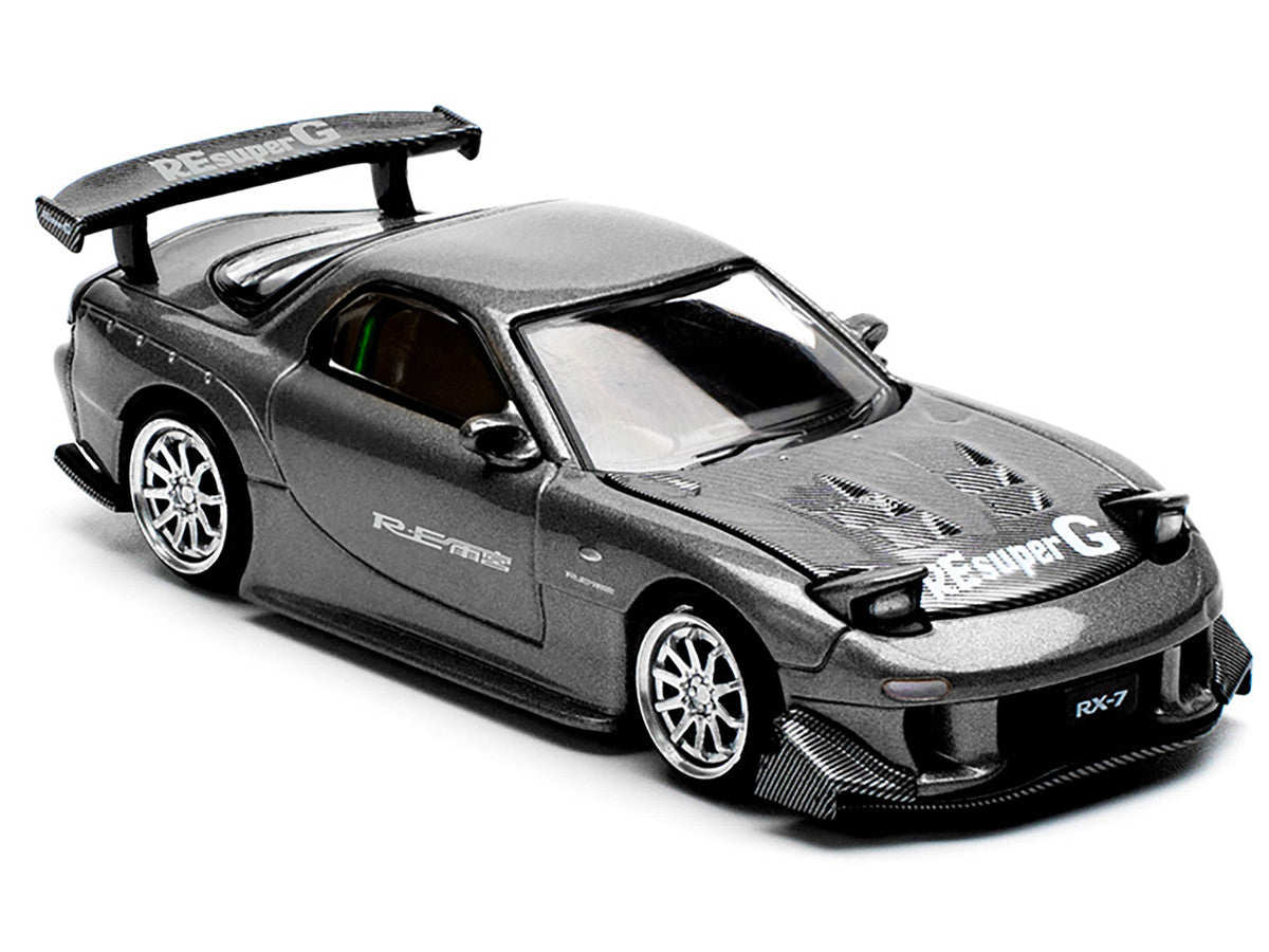 Mazda RX7 (FD) "RE Amemiya" Widebody RHD (Right Hand Drive) Gunmetal Gray Metallic with Carbon Hood 1/64 Diecast Model Car by Pop Race by Pop Race