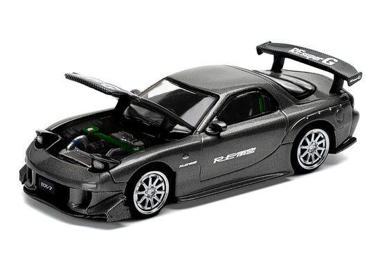 Mazda RX7 (FD) "RE Amemiya" Widebody RHD (Right Hand Drive) Gunmetal Gray Metallic with Carbon Hood 1/64 Diecast Model Car by Pop Race by Pop Race