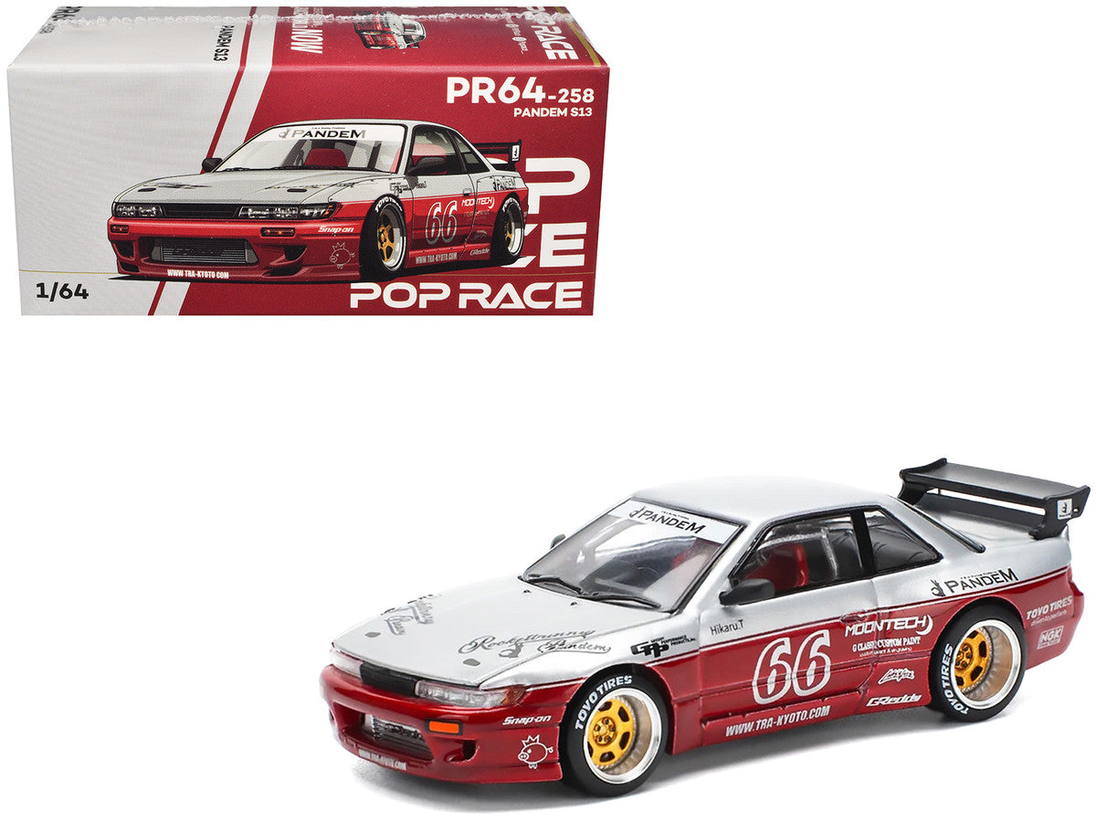 Nissan Pandem S13 RHD (Right Hand Drive) #66 "Moontech" Silver and Red Metallic 1/64 Diecast Model Car by Pop Race by Pop Race