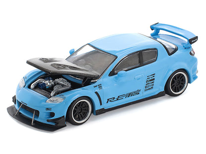 Mazda RX8 RE-Amemiya Widebody RHD (Right Hand Drive) Light Blue with Carbon Hood 1/64 Diecast Model Car by Pop Race by Pop Race