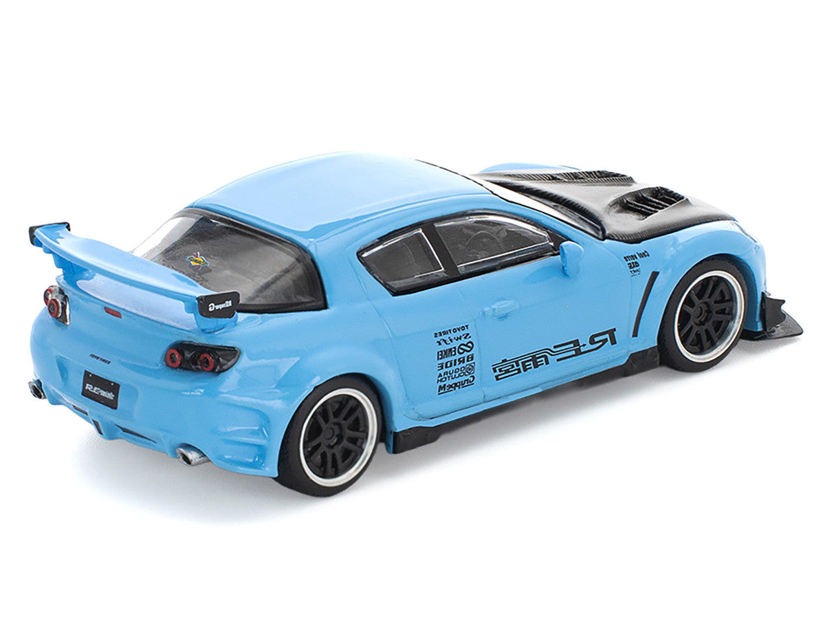 Mazda RX8 RE-Amemiya Widebody RHD (Right Hand Drive) Light Blue with Carbon Hood 1/64 Diecast Model Car by Pop Race by Pop Race
