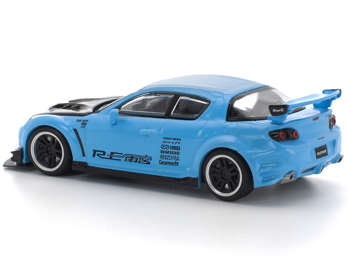 Mazda RX8 RE-Amemiya Widebody RHD (Right Hand Drive) Light Blue with Carbon Hood 1/64 Diecast Model Car by Pop Race by Pop Race