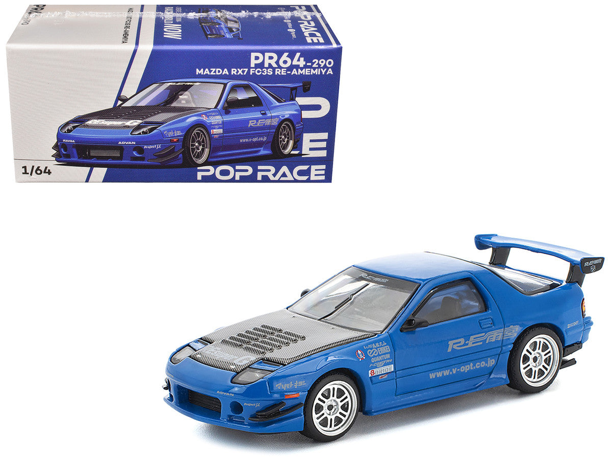 Mazda RX7 (FC3S) RE Amemiya RHD (Right Hand Drive) Blue Metallic with Carbon Hood 1/64 Diecast Model Car by Pop Race by Pop Race