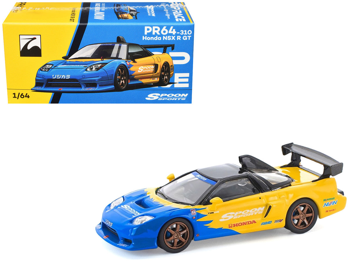Honda NSX-R GT RHD (Right Hand Drive) "Spoon Sports" Blue and Yellow with Black Top 1/64 Diecast Model Car by Pop Race by Pop Race